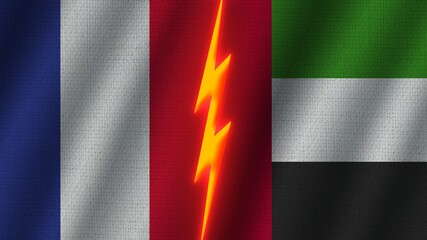 United Arap Emirates and France Flags Together, Wavy Fabric Texture Effect, Neon Glow Effect, Shining Thunder Icon, Crisis Concept, 3D Illustration