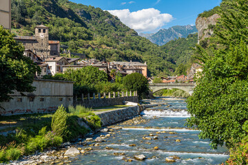 Beautiful view in Verres on a sunny summer day. Aosta Valley, northern Italy. - obrazy, fototapety, plakaty