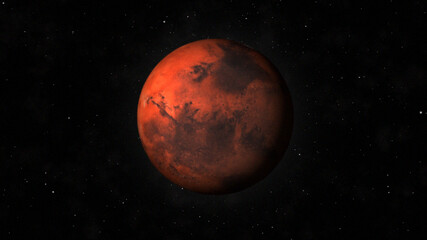 Obraz na płótnie Canvas Mars planet 3D render illustration, martian red globe scientific background with stars in the background.