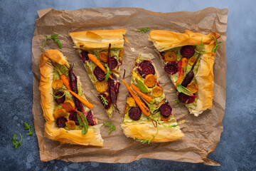 Carrot and Beet Tart with pesto and phyllo dough. Savoury vegetable baking. Homemade vegetarian...