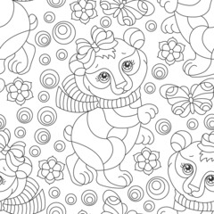 Fototapeta premium Seamless pattern with cute dark contour bears, butterflies and flowers, outline animals on a white world