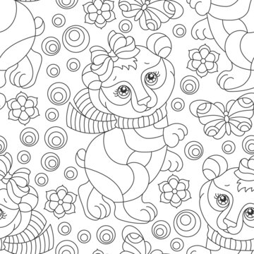 Seamless pattern with cute dark contour bears, butterflies and flowers, outline animals on a white world