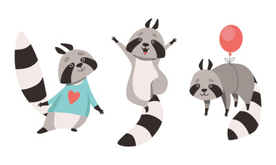 Funny Raccoon Animal Character with Striped Tail Jumping with Joy and Flying with Toy Balloon Vector Set