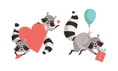 Funny Raccoon Animal Character with Striped Tail Flying with Balloon and Gift Box and Holding Heart Vector Set