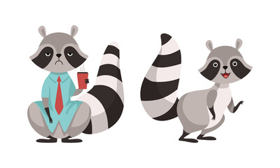Funny Raccoon Animal Character with Striped Tail in Tie Holding Coffee Cup and Tiptoeing Vector Set