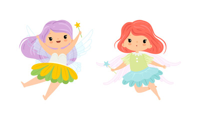 Cute Little Pixie Girl with Ethereal Wings Flying with Magic Wand Vector Set