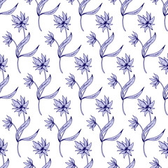 Floral seamless pattern. Beautiful botanical repeat texture with branches, leaves and flowers for print, fabric, textile, wallpaper in soft colors. Hand drawn ink illustration in line art style.