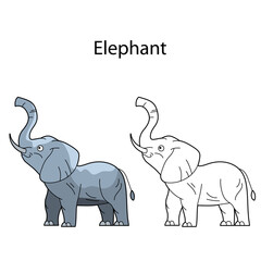 Funny cute animal elephant isolated on white background. Linear, contour, black and white and colored version. Illustration can be used for coloring book and pictures for children