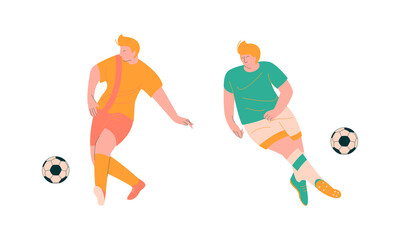Obraz premium Young Man Playing Football or Soccer Moving the Ball Running Around Pitch Scoring Goals Vector Set