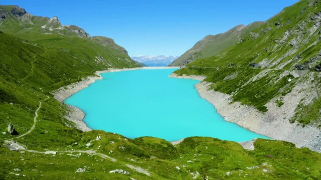 Aerial view of Lac De Moiry in Switzerland.