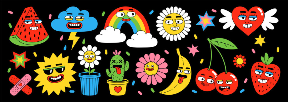 Sticker pack of funny cartoon characters. Vector illustration of heart, fruits, berry, rainbow, clouds, abstract faces.