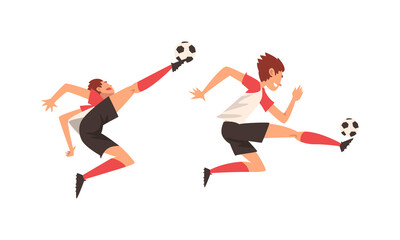 Young Man in Boots and Knee-highs Playing Football or Soccer Moving the Ball Around Pitch Scoring Goals Vector Set
