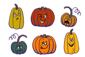 Character pumpkin, Emoticon. Vector illustration with cartoon haloween symbol with different emotions Isolated on white background. Pumpkin face emoji. Smile, sadness, angry, happy.