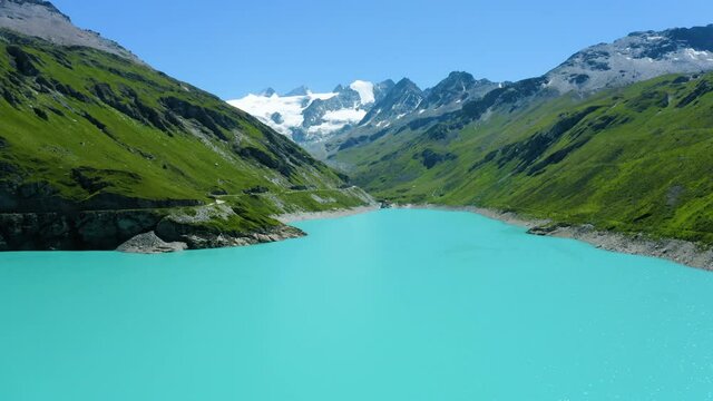 Aerial view of Lac De Moiry in Switzerland.