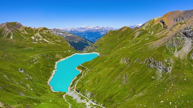Aerial view of Lac De Moiry in Switzerland.