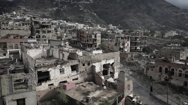 erial photography of houses destroyed due to the violent war in Taiz, Yemen