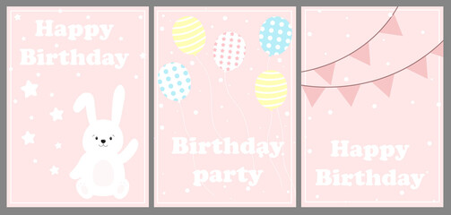 Birthday card set with cute rabbit, hare, flag and ball. Set of birthday greeting cards design. For Kids. Vector illustration. Pink color.