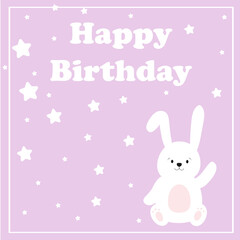 Obraz premium Happy Birthday cards in lilac color. Celebration vector templates with cute rabbit. Kids design. Vector illustration. Birthday party. 
