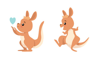 Cute Baby Kangaroo Dancing and Holding Heart Vector Set
