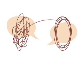 Concept of conversation with psychotherapist. Psychological assistance. Bubbles dialogue and unraveling problems. Vector illustration isolated on white background.