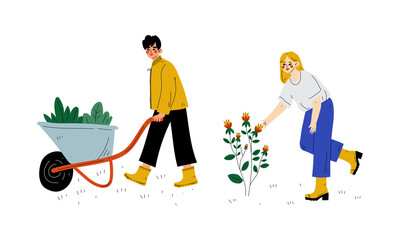 Man and Woman Working in Garden Pushing Wheelbarrow and Cultivating Plant Vector Set