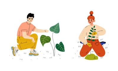 Man and Woman Working in Garden Cultivating Plant Vector Set