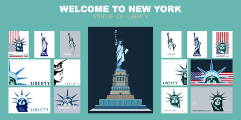 Statue of Liberty design template set. Banner, geometric colored flat design. New York. Booklet, album poster. Name of the Annual Report Ad Text. X-banner. Information banner, vector illustration © VASYL