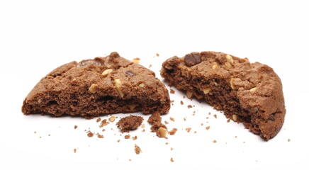 Round chocolate and hazelnut cookies isolated on white background