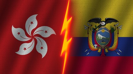 Ecuador and Hong Kong Flags Together, Wavy Fabric Texture Effect, Neon Glow Effect, Shining Thunder Icon, Crisis Concept, 3D Illustration