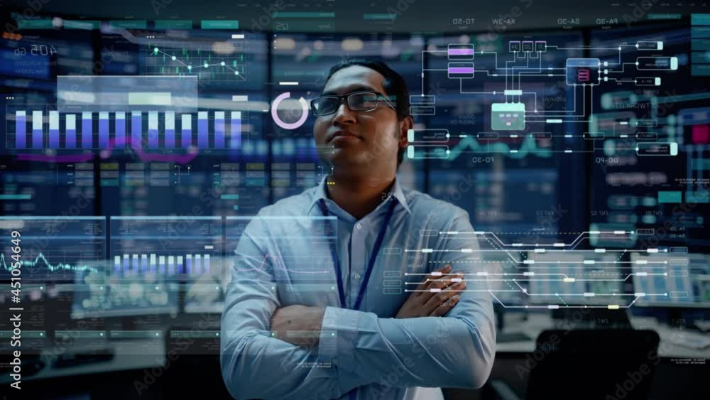 Aufkleber First Person POV Footage of Professional IT Technical Support Specialist or Software Engineer Pushing Augmented Reality Display in a Modern Monitoring Control Room Full of Computers. VFX Animation.