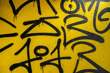 Abstract fragment of creative black scribble on yellow painted concrete wall. Modern background