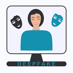 Face and masks on the monitor screen - vector. Deepfake. Falsification. Fake.