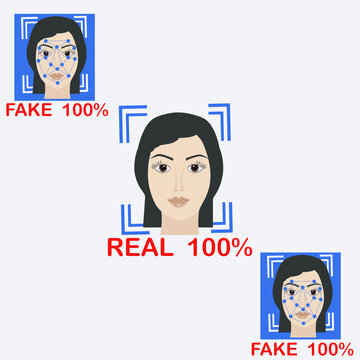 Images of real and fake faces - vector. Deepfake. Falsification. Fake. Artificial intelligence.