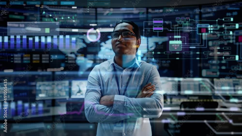 Poster First Person POV Footage of Professional IT Technical Support Specialist or Software Engineer Pushing Augmented Reality Display in a Modern Monitoring Control Room Full of Computers. VFX Animation.
