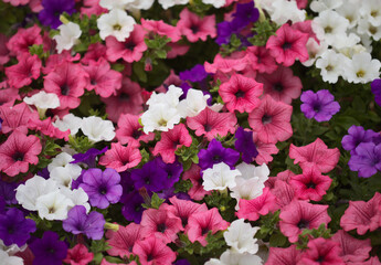 Flower bed full of different cultivars of Petunia, natural macro floral background
