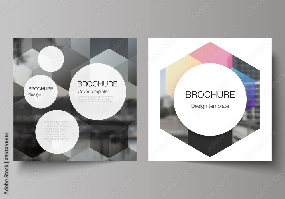 Aufkleber vector layout of two square format covers design templates with colorful hexagons, geometric shapes,