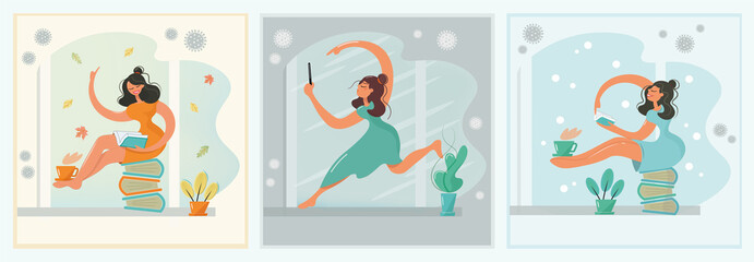 Set of illustrations with a girl on distance learning. Work, study and rest at home. The brunette reads books, studies, goes to Google on the phone and drinks coffee. Atmospheric vector style.