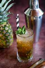 Cold pineapple cocktail with crushed ice and mint.