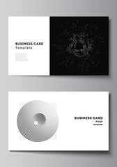 Vector layout of two creative business cards design templates, horizontal template vector design. Black color technology background. Digital visualization of science, medicine, technology concept.
