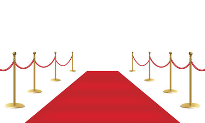 Red event carpet and golden barriers isolated on white background, vector illustration
