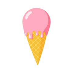 Melting strawberry ice cream in waffle cone. Flat style Isolated vector illustration