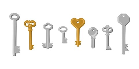 Set of Hand Drawn Vintage Keys. Gold and Silver Keys Isolated Vector Illustration