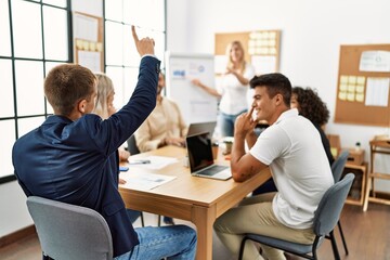 Group of business workers listening boss conference during meeting at the office.