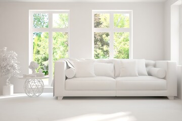 Mock up of stylish room in white color with sofa and green landscape in window. Scandinavian interior design. 3D illustration