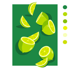 Drawing green limes fruits on green backgrounds