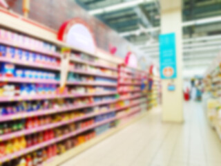 Blurred abstract supermarket interior background. Blurry empty market store building. Shopping mall or supermarket. No people