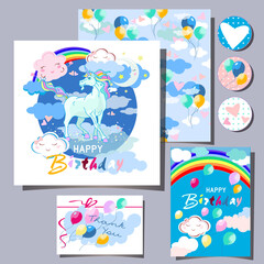 happy birthday card for kids with unicorn flying in the sky 