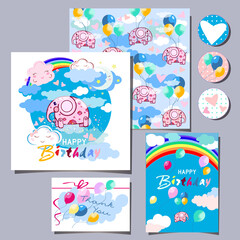 happy birthday card for kids with elephants flying on balloons