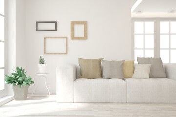 White living room with sofa. Scandinavian interior design. 3D illustration