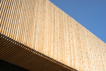 Modern facade and ceiling made of larch wood strips in the outdoor area - obrazy, fototapety, plakaty